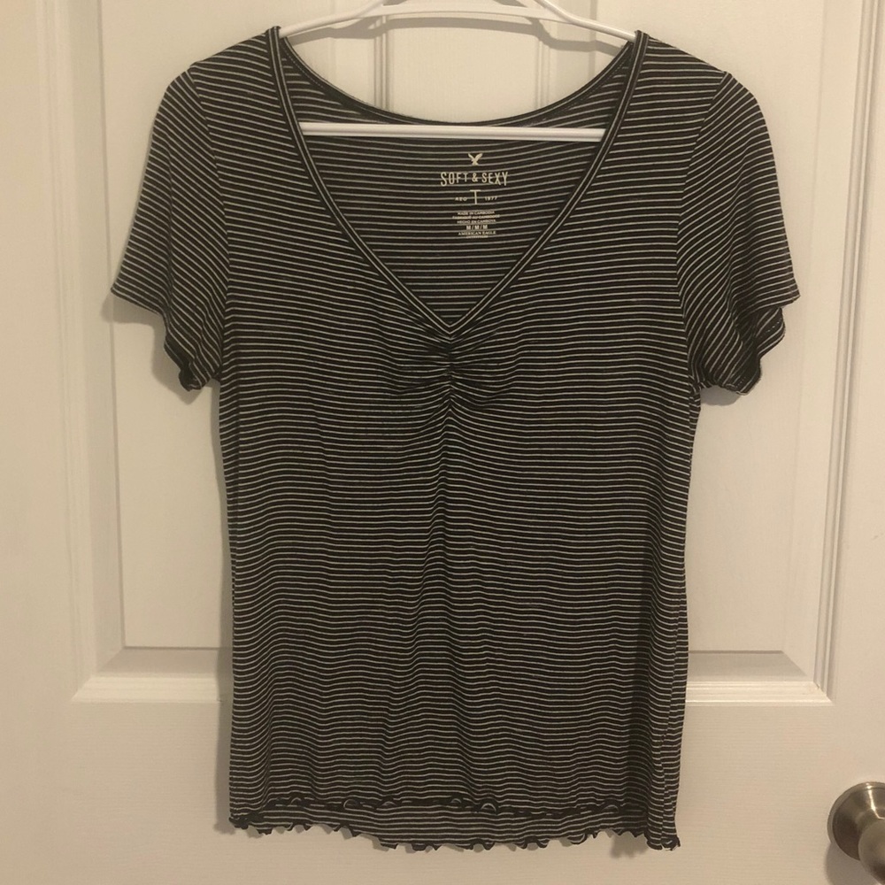 AE ruched v-neck striped baby tee